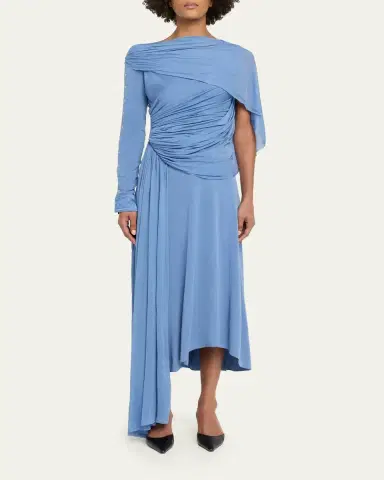 Lanvin Asymmetric Draped Jersey Button-Sleeve Midi Dress | Thumbnail 2