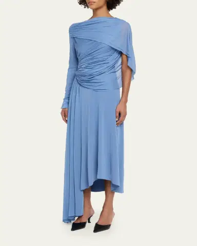 Lanvin Asymmetric Draped Jersey Button-Sleeve Midi Dress | Thumbnail 4