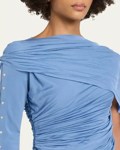 Lanvin Asymmetric Draped Jersey Button-Sleeve Midi Dress | Thumbnail 5