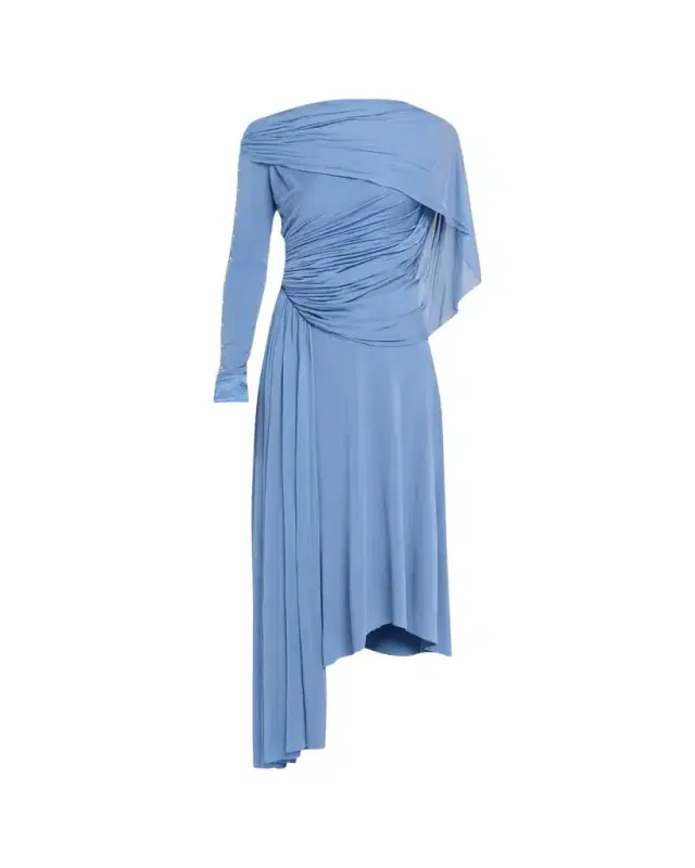 Lanvin Asymmetric Draped Jersey Button-Sleeve Midi Dress