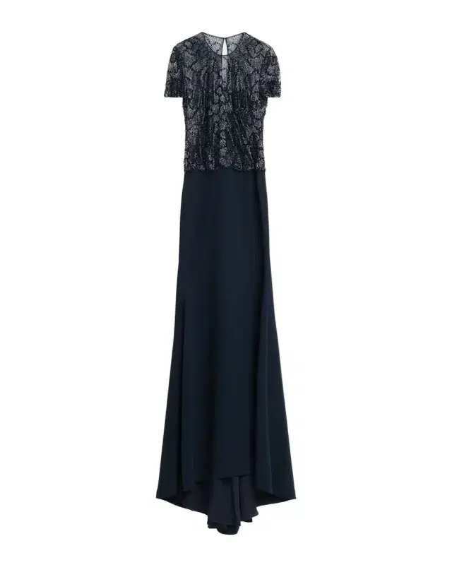Naeem Khan Beaded Bodice Cap-Sleeve Fit-And-Flare Crepe Gown