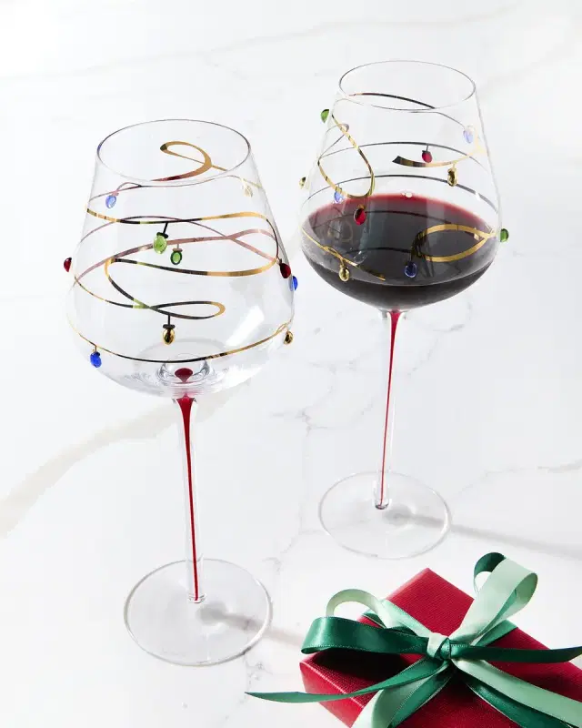 Neiman Marcus Christmas Lights 11 oz. Wine Glasses, Set of 2