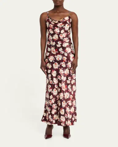 Rabanne Chain Cowl-Neck Floral Satin Maxi Slip Dress | Thumbnail 2