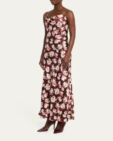 Rabanne Chain Cowl-Neck Floral Satin Maxi Slip Dress | Thumbnail 4