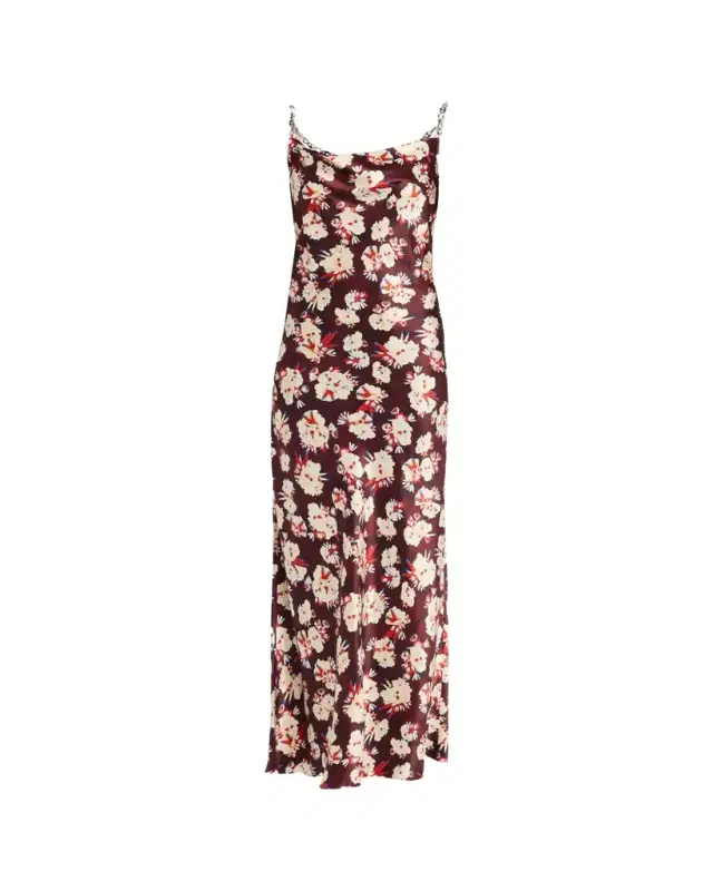 Rabanne Chain Cowl-Neck Floral Satin Maxi Slip Dress