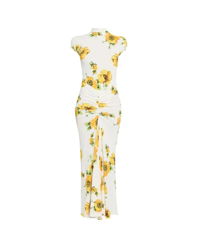 Alaïa Mock-Neck Draped Floral Jersey Cap-Sleeve Maxi Dress