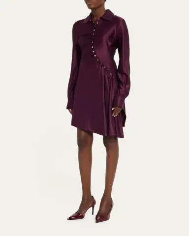 Rabanne Asymmetric Gathered Button Long-Sleeve Shirtdress | Thumbnail 4
