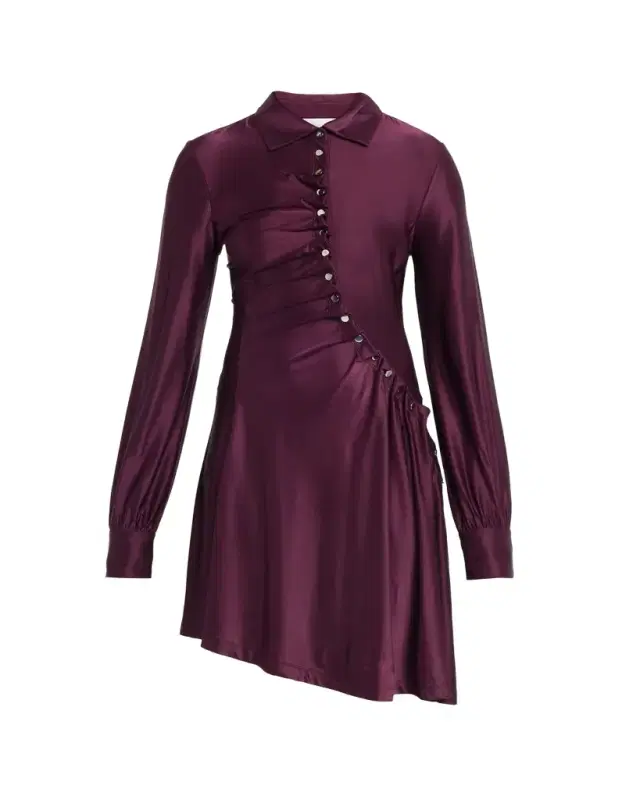 Rabanne Asymmetric Gathered Button Long-Sleeve Shirtdress