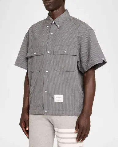 Thom Browne Men's Seersucker Short-Sleeve Track Shirt | Thumbnail 4