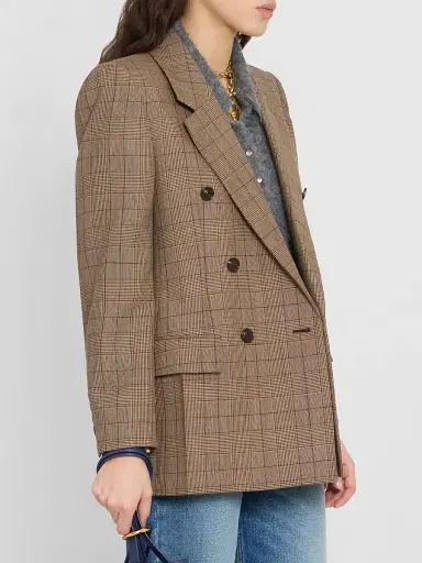 Chloé Women's Plaid Wool Double-Breasted Blazer - Brown Beige | Thumbnail 4