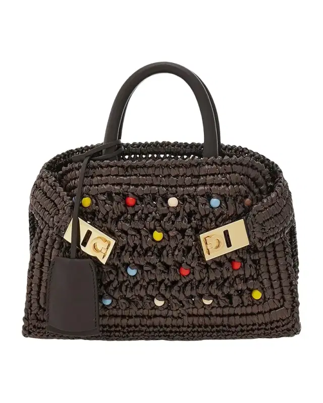 Ferragamo Hug Beaded Raffia Top-Handle Bag