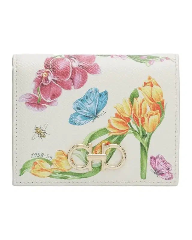 Ferragamo Gancini Floral Leather Compact Bifold Wallet