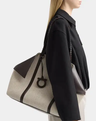 Ferragamo Scarf Braided Leather-Trim Canvas Tote Bag | Thumbnail 5