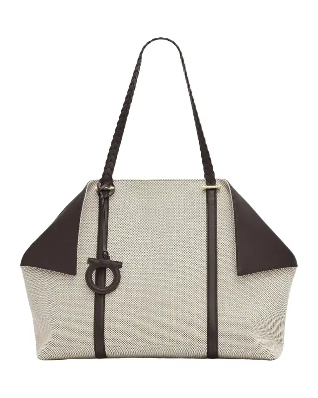 Ferragamo Scarf Braided Leather-Trim Canvas Tote Bag
