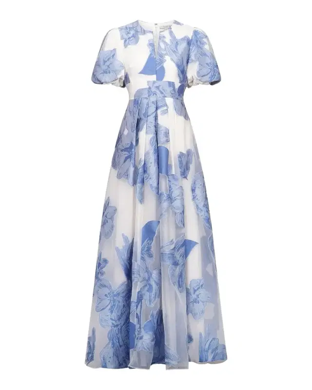 Kay Unger New York Oleana Puff-Sleeve Organza Gown