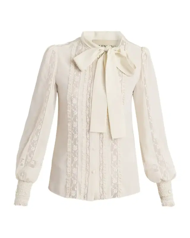 Valentino Garavani Lace-Inset Ruffle Bow-Neck Silk Shirt