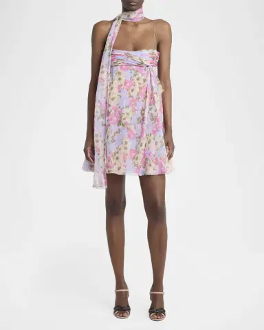 Valentino Garavani Floral Silk Georgette Mini Babydoll Dress With Neck Scarf | Thumbnail 2 Valentino Garavani Floral Silk Georgette Mini Babydoll Dress With Neck Scarf | Thumbnail 2