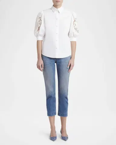 Valentino Garavani Broderie Anglaise Puff-Sleeve Cotton Poplin Button-Down Shirt | Thumbnail 2 Valentino Garavani Broderie Anglaise Puff-Sleeve Cotton Poplin Button-Down Shirt | Thumbnail 2