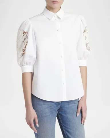 Valentino Garavani Broderie Anglaise Puff-Sleeve Cotton Poplin Button-Down Shirt | Thumbnail 3 Valentino Garavani Broderie Anglaise Puff-Sleeve Cotton Poplin Button-Down Shirt | Thumbnail 3