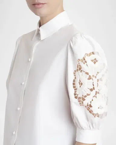 Valentino Garavani Broderie Anglaise Puff-Sleeve Cotton Poplin Button-Down Shirt | Thumbnail 4 Valentino Garavani Broderie Anglaise Puff-Sleeve Cotton Poplin Button-Down Shirt | Thumbnail 4