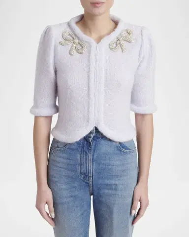 Valentino Garavani Bow Embroidered Mohair Short-Sleeve Crop Cardigan | Thumbnail 4