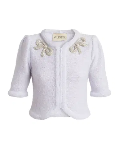 Valentino Garavani Bow Embroidered Mohair Short-Sleeve Crop Cardigan | Thumbnail 1