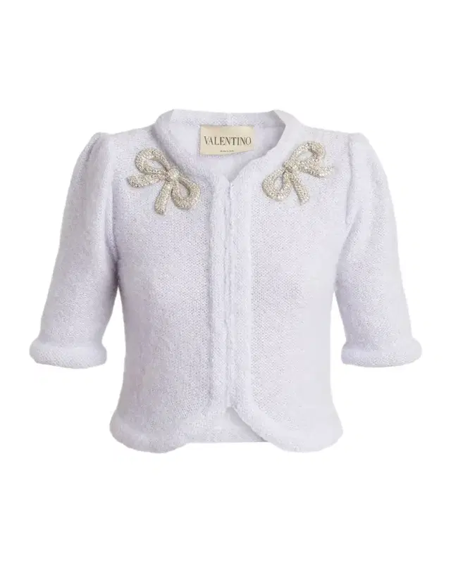Valentino Garavani Bow Embroidered Mohair Short-Sleeve Crop Cardigan