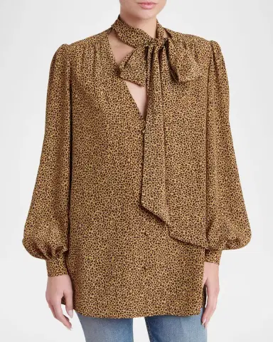 Valentino Garavani Animal-Print Silk Neck-Scarf Balloon-Sleeve Shirt | Thumbnail 4 Valentino Garavani Animal-Print Silk Neck-Scarf Balloon-Sleeve Shirt | Thumbnail 4