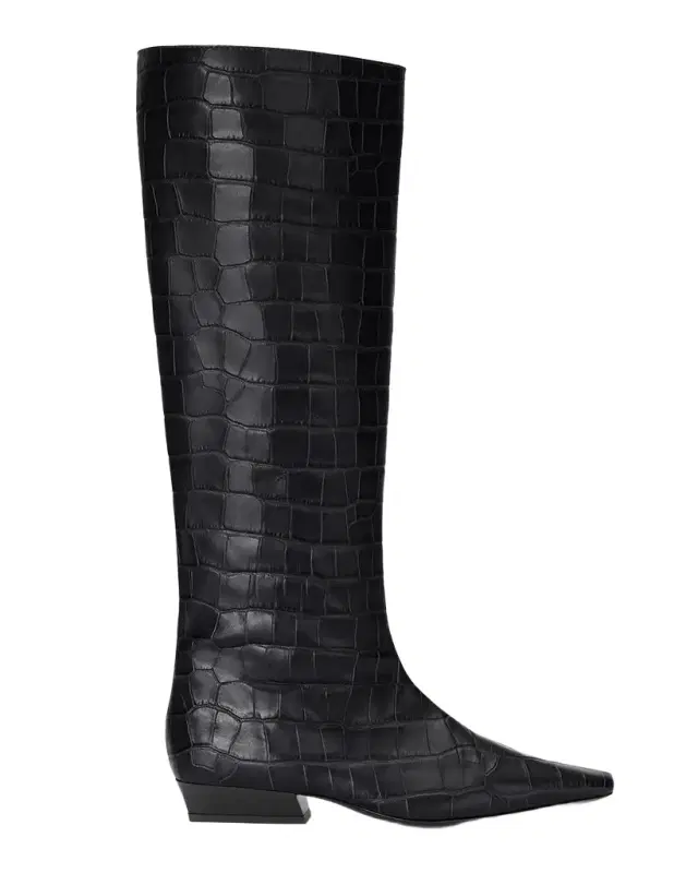 STAUD Wally Croc-Embossed Leather Flat Knee-High Boots