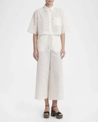 Valentino Garavani Short-Sleeve Eyelet Cotton Crop Button-Down Shirt | Thumbnail 2 Valentino Garavani Short-Sleeve Eyelet Cotton Crop Button-Down Shirt | Thumbnail 2