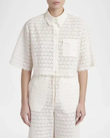Valentino Garavani Short-Sleeve Eyelet Cotton Crop Button-Down Shirt | Thumbnail 4 Valentino Garavani Short-Sleeve Eyelet Cotton Crop Button-Down Shirt | Thumbnail 4