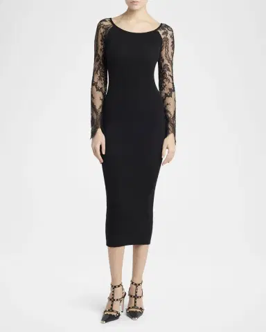 Valentino Garavani Lace Long-Sleeve Rib Midi Dress | Thumbnail 2