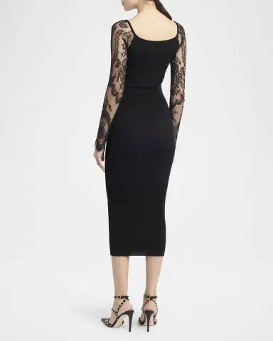 Valentino Garavani Lace Long-Sleeve Rib Midi Dress | Thumbnail 3