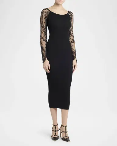 Valentino Garavani Lace Long-Sleeve Rib Midi Dress | Thumbnail 4