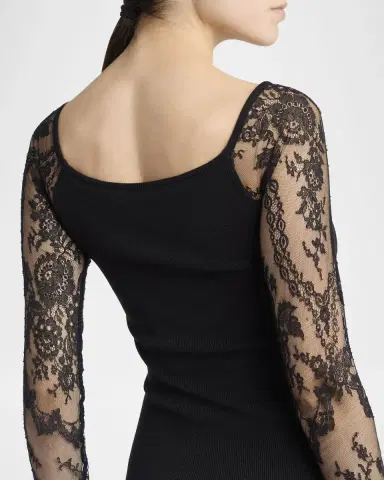 Valentino Garavani Lace Long-Sleeve Rib Midi Dress | Thumbnail 5