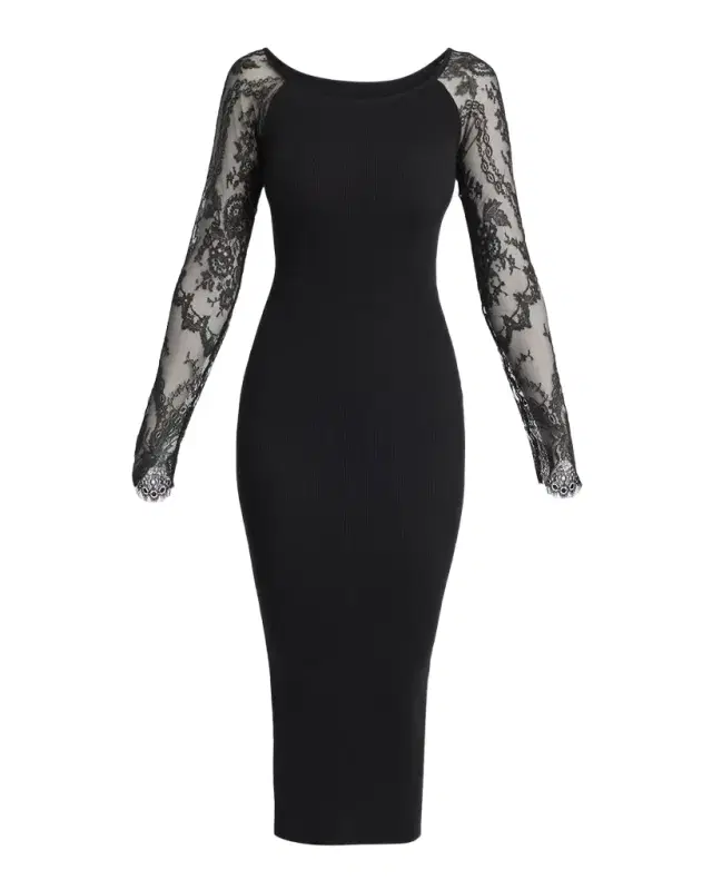 Valentino Garavani Lace Long-Sleeve Rib Midi Dress