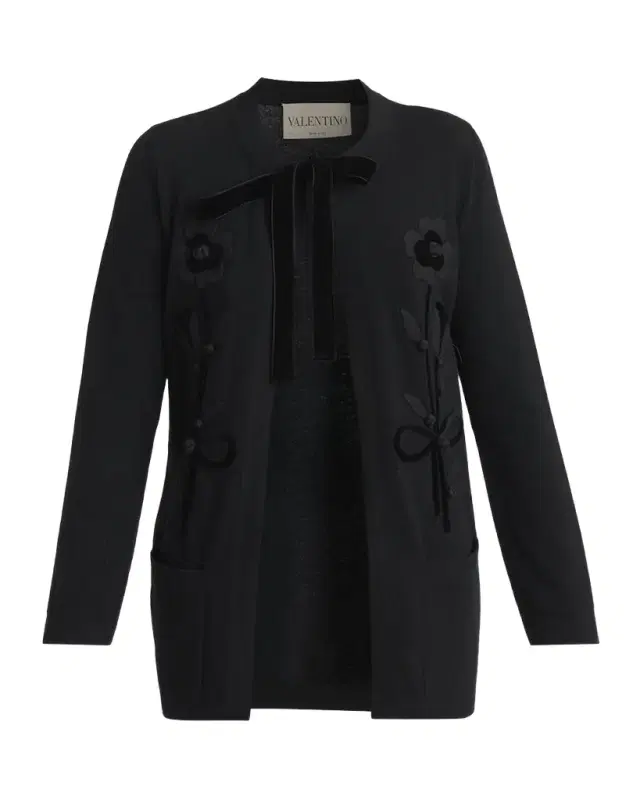Valentino Garavani Floral Velvet Embroidered Crewneck Cardigan