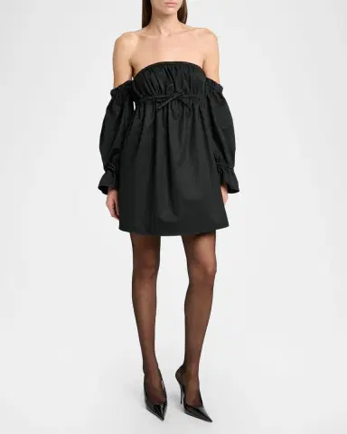 Saint Laurent Off-Shoulder Drawstring Cotton Poplin Mini Dress | Thumbnail 2 Saint Laurent Off-Shoulder Drawstring Cotton Poplin Mini Dress | Thumbnail 2