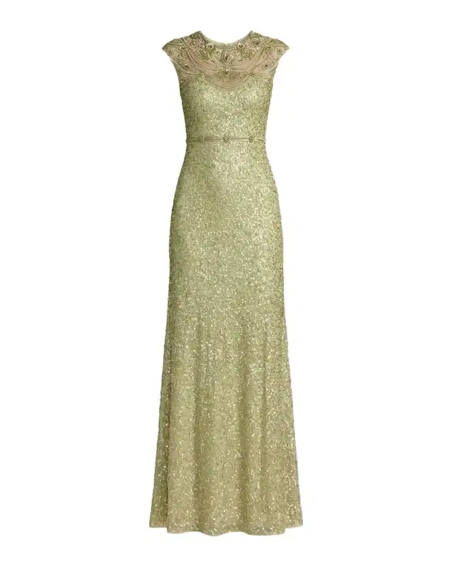 Mac Duggal Cap-Sleeve Beaded Mesh Column Gown