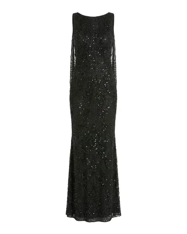 Mac Duggal Beaded Cowlback Mesh Column Gown