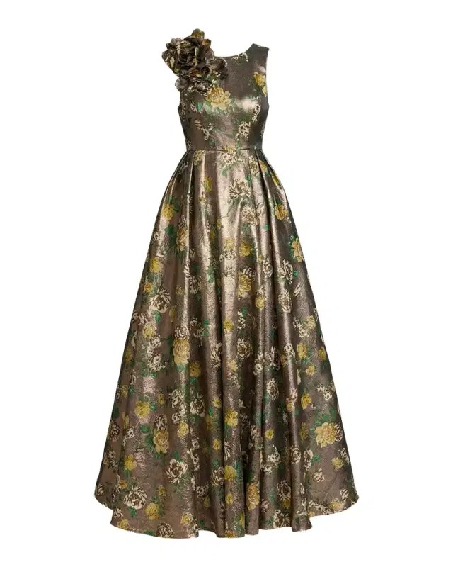 Mac Duggal Pleated Metallic Floral Brocade Gown