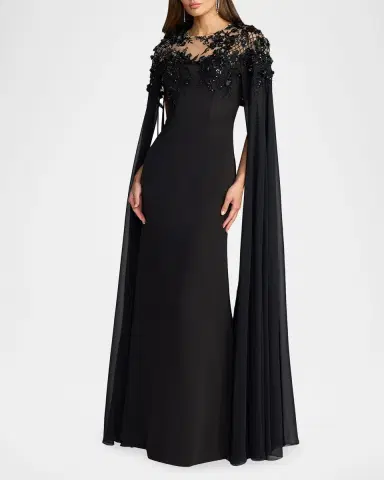 Mac Duggal Floral Embellished Chiffon Cape Gown | Thumbnail 2 Mac Duggal Floral Embellished Chiffon Cape Gown | Thumbnail 2