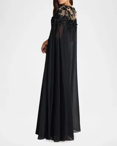 Mac Duggal Floral Embellished Chiffon Cape Gown | Thumbnail 3 Mac Duggal Floral Embellished Chiffon Cape Gown | Thumbnail 3
