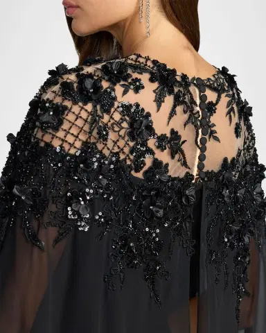 Mac Duggal Floral Embellished Chiffon Cape Gown | Thumbnail 4 Mac Duggal Floral Embellished Chiffon Cape Gown | Thumbnail 4