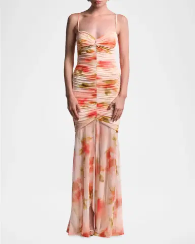 BCBGMAXAZRIA Soraya Ruched Floral-Print Mesh Gown | Thumbnail 2 BCBGMAXAZRIA Soraya Ruched Floral-Print Mesh Gown | Thumbnail 2