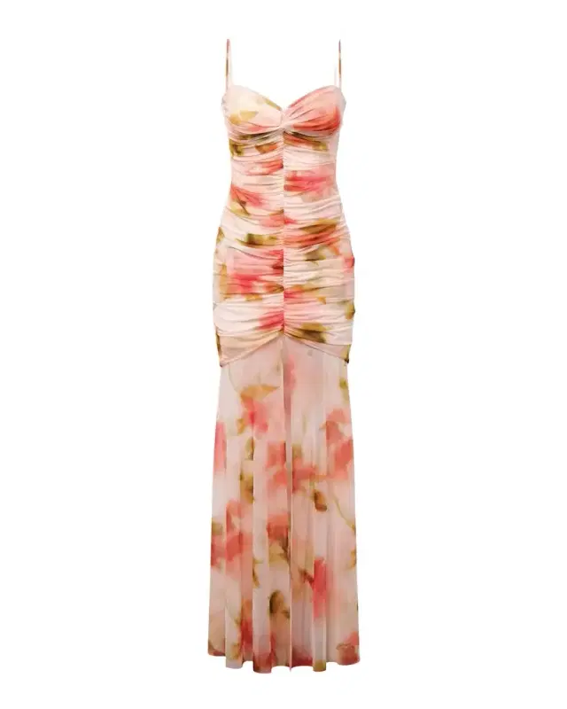 Soraya Ruched Floral-Print Mesh Gown