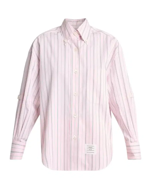 Thom Browne Sleeve-Strap Striped Cotton Poplin Button-Down Shirt