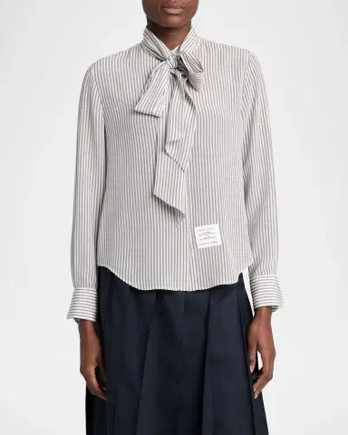 Thom Browne Striped Silk Neck-Scarf Button-Down Blouse | Thumbnail 4