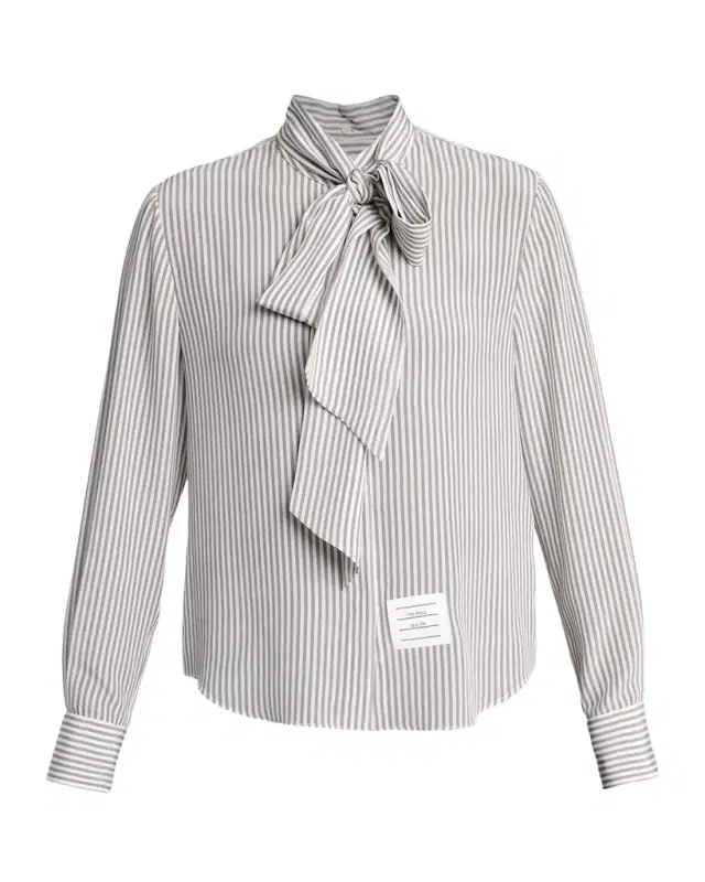Thom Browne Striped Silk Neck-Scarf Button-Down Blouse