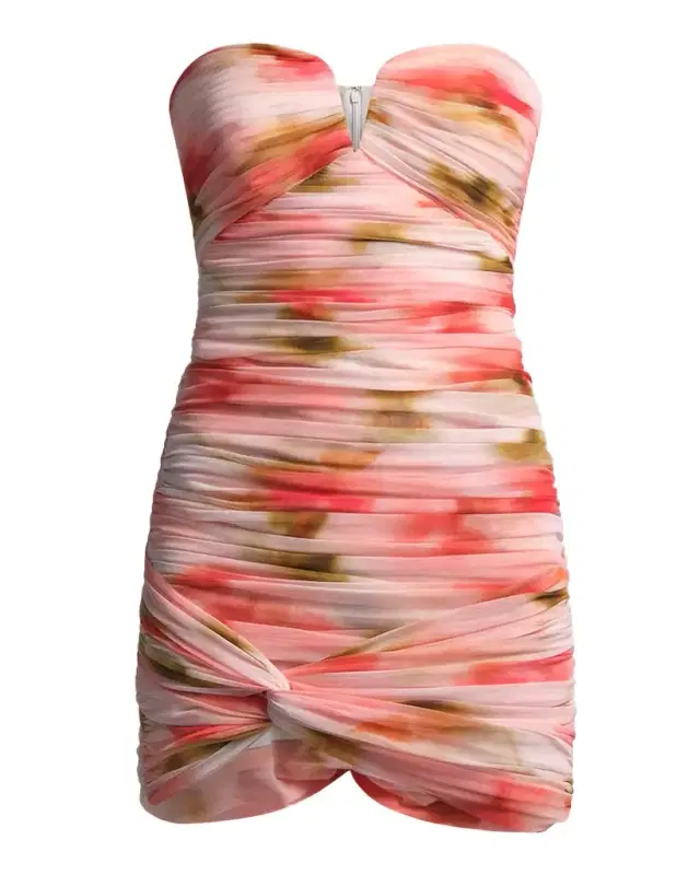 BCBGMAXAZRIA Elia Strapless Ruched Mesh Mini Dress
